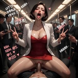 ai_generated ai_assisted cowgirl_position riding riding_cock riding_dick public public_sex public_exposure public_exhibitionism exhibitionist exhibitionism bitch bitch_in_heat outside outside_sex peace_sign aphrodisiac cant_wait exposing exposing_self exposing_hole penis_in_pussy penetration female_penetrated female_focus subway subway_train in_train short_hair short_hair_female moaning moaning_in_pleasure moaning_on_cock moaning_female moaning_loud moaning_in_pain impaling cock_in_pussy cock_in_vagina cum_inside cum_in_pussy red_dress ahegao ahegao_face peace_symbol heart_symbol looking_at_viewer looking_pleasured text moans dialogue red_lipstick red_lips bottomless white_jacket ruined_reputation sweat sweating drooling drool drool_string drool_on_face drooling_tongue