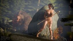 redbox42 3d lara_croft lara_croft_(survivor) tomb_raider tomb_raider_(survivor) watermark naked naked_female bear spear tribal_markings bodypaint tattoo brunette brown_eyes scared scared_expression fear fear_peeing hiding danger incontinence peeing peeing_on_ground pissing standing_pee rock forest big_breasts innie_pussy completely_nude peeing_self daytime hunting survival