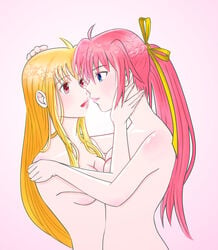 2girls ahoge bangs bashi blonde_hair blue_eyes blush braid breast_press breasts cleavage closed_mouth commentary_request crown_braid eyebrows_visible_through_hair fate_testarossa gradient gradient_background hair_ribbon large_breasts long_hair looking_at_another lyrical_nanoha mahou_shoujo_lyrical_nanoha mahou_shoujo_lyrical_nanoha_a's mahou_shoujo_lyrical_nanoha_strikers multiple_girls open_mouth pink_background pink_hair pink_lips ponytail red_eyes ribbon sidelocks signum upper_body very_long_hair yellow_ribbon yuri