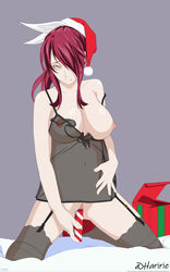 1girls areolae black_legwear breasts christmas cleavage cute_fang dildo female female_only front_view full_body garter_straps gift_box hair_over_one_eye hairless_pussy haririe hat holidays human insertion kneeling kobayashi_rindou large_breasts legwear long_hair negligee nipples off_shoulder one_breast_out puffy_nipples pussy red_hair santa_hat see-through sex_toy shokugeki_no_souma slit_pupils solo thighhighs vaginal_insertion whentai