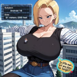 1boy 1girs ai_generated android_18 big_boobs big_breasts biggi1 blonde blonde-haired_female blonde_female blonde_hair blue_eyes blue_eyes_female boobs breasts building buildings city clothed clothed_female clothed_male couple couple_(romantic) dating dragon_ball dragon_ball_z female giantess huge_boobs huge_breasts krillin kuririn male