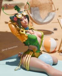 3d 3d_render bare_legs beach beach_towel ghrym_animation inner_sideboob mantis_(marvel) mantis_(marvel_rivals) mantis_(oceanic_harmony) marvel marvel_rivals non-nude render sfw stretching swimsuit thighs volleyball
