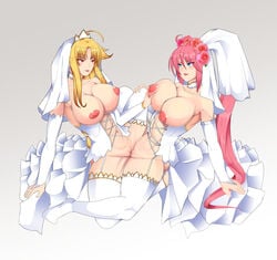 2girls arm_sleeves arm_support blonde_hair blue_eyes blush breasts breasts_out clothed_sex collarbone commission couple dress eye_contact eyebrows_visible_through_hair fate_testarossa flower flower_on_head hair_between_eyes hair_ornament hand_on_another's_breast hand_on_another's_leg large_breasts leaning_back lingerie lipstick long_hair looking_at_another lyrical_nanoha mahou_shoujo_lyrical_nanoha mahou_shoujo_lyrical_nanoha_strikers makeup multiple_girls naughty_face navel nipples pink_hair red_eyes shiny shiny_skin signum smile thighhighs tribadism uncensored underwear veil wedding_dress wife_and_wife yuri