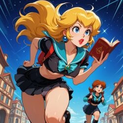 2girls ai ai_generated backpack blonde_hair blue_eyes book brown_hair clothing duo earrings female female_only holding_book human human_only light-skinned_female light_skin lipstick long_hair mario_(series) mario_bros mature mature_female nintendo princess_daisy princess_peach red_lipstick running school_uniform sexy shirt skirt