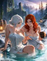 digitalmuse93 ai_generated cd_projekt_red the_witcher_(series) the_witcher_3:_wild_hunt ciri white_hair green_eyes mascara scar female light_skin light-skinned_female 2girls triss_merigold red_hair blue_eyes towel towel_only bathing wet_body bath breasts crossed_legs