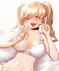 abime abime_series ahe_gao big_breasts blonde_hair blue_eyes collar double_peace_sign drooling g_(head_as_code) head_as_code heart-shaped_pupils huge_breasts large_breasts lingerie natsukyu peace_sign teenager tongue tongue_out twins twintails video_game video_games white_lingerie winking