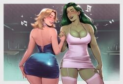 2girls ai_generated ben-day_dots big_ass big_breasts big_thighs blush breasts chest curvaceous curvy curvy_figure digital_media_(artwork) fantastic_four female garter_straps giantess green-skinned_female green_body green_hair green_skin halter_dress halterneck hips hourglass_figure huge_ass huge_breasts huge_thighs hulk_(series) invisible_woman jennifer_walters large_ass large_breasts large_female large_thighs legs light-skinned_female light_skin macro macro_female marvel marvel_comics mature mature_female mature_figure microdress mini_giantess musical_note panties panty_peek phophopho she-hulk sketch_background slim_waist sue_richards sue_storm tall tall_female thick thick_hips thick_legs thick_thighs thighhighs thighs voluptuous voluptuous_female waist wide_hips wide_thighs yuri