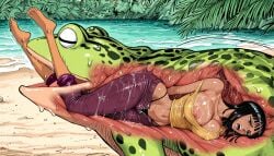 1girl ai_generated barefoot beach black_hair blue_eyes breasts devouring digestion drooling female frog highleg_panties inside_creature inside_stomach inside_throat internal_view large_breasts male monster monster_on_female motion_lines navel nico_robin nipple_slip nipples one_piece open_mouth outdoors panties pants saliva solo strap_slip tan tanlines underwear vore wet x-ray xray_view