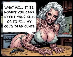ai_generated bimbo_body corpse cswiz english_text eye_contact grin grinning grinning_at_viewer huge_breasts imminent_necrophilia imminent_sex kitchen kitchen_cabinet kitchen_counter kitchen_island looking_at_viewer necrophilia offering offering_food offering_sex offering_to_viewer oven rotting rotting_flesh speech_bubble stove tagme talking_to_viewer white_hair