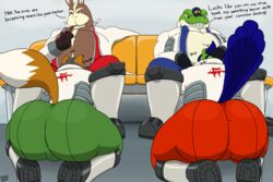 2020 3:2 amphibian anthro ass avian belly big_butt bird canid canine clothing dialogue english_text falco_lombardi fox fox_mccloud frog group hi_res lagomorph leporid male male/male male_only mammal nintendo oral overweight overweight_male peppy_hare pizzaozzy_(artist) rabbit slippy_toad star_fox text tight_clothing video_games