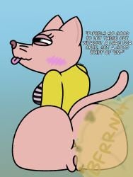 2026 anthro anus ass blush blushing bottomless butt_focus cat clothed cringebird dialog dialogue fart fart_cloud fart_fetish farting felid feline felis furry gradient_background humanoid_genitalia humanoid_pussy partially_clothed pink_body presenting_hindquarters pussy rona_valenti_(swan_boy) sphynx_(cat) swan_boy_(series) tagme tail teasing teasing_viewer text tongue tongue_out vagina yellow_shirt
