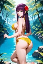 loretta_lecarde castlevania castlevania:_portrait_of_ruin on_back ass bikini yellow_bikini pale_skin pale-skinned_female ai_generated 1girls purple_hair blue_eyes flower flower_in_hair long_hair red_lipstick red_lips jungle outdoors