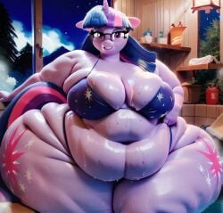 ai_generated bbw belly_overhang big_belly big_breasts bikini cutie_mark fat fat_folds flabby_arms flabby_legs glasses lilac_fur my_little_pony my_little_pony_friendship_is_magic obese obese_anthro obese_female overweight overweight_anthro overweight_female pink_hair_streak pony purple_eyes purple_hair sauna spa ssbbw star_print_bikini sweat thick_thighs twilight_sparkle_(mlp) unicorn unicorn_horn wide_hips