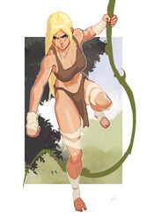 blonde_hair blue_eyes cleavage holding_vine jungle jungle_girl large_breasts loincloth looking_at_viewer mro16 original wrappings