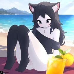 1girls animal_ears art.hex art_hex background beach beach_towel beautiful big_breasts big_legs black_eyes black_hair black_legwear black_shirt black_socks blush bottomless breasts cat_ears cute cute_face drink female fur light long_hair looking looking_down masturbate mountain no_bra no_panties on_beach partially_clothed pink_pussy presenting presenting_pussy pussy reference_image request roblox roblox_avatar robloxian sea seaside self_upload shaded shadow shy sit solo_focus sunlight tagme twitter_username