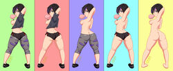 1girls ass athletic bare_calves big_hero_6 black_hair breasts brown_eyes bubble_butt bubble_gum butt_crack calves capri_pants clothed clothing cropped_jacket curvaceous curvy disney eyelashes eyeliner eyeshadow female female_focus female_only fingerless_gloves fit fit_female full_body gogo_tomago jacket looking_at_viewer looking_back makeup marvel marvel_comics medium_breasts nude pose posing purple_hair rear_view short_hair short_shorts sideboob skin_tight sleeves_rolled_up sneakers solo standing stephen49 thick_thighs topless two_tone_hair undressed undressing variant voluptuous yoga_pants