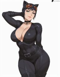 1girl 1girls ai_generated arm_behind_head batman_(series) belt belt_buckle black_belt black_bodysuit black_choker black_hair bodysuit breasts cat_ears catwoman choker cleavage closed_mouth collarbone dc_comics fake_animal_ears goggles goggles_on_head green_eyes hi_res high_quality high_resolution highres large_breasts light lips looking_at_viewer nose opal_nemy opalnemy patreon_logo patreon_url patreon_username plain_background self_upload selina_kyle shadow shiny shiny_clothes shiny_hair shiny_skin short_hair simple_background solo standing thick_thighs thighs watermark white_background wide_hips zipper