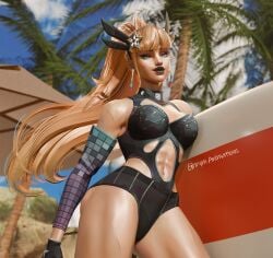 ghrym_animation render 3d 3d_render marvel marvel_rivals female female_only solo solo_female magik_(illyana_rasputin) magik_(infernal_idol) beach revealing_clothes surfboard thighs thick_thighs abs stomach navel navel_cutout belly_button big_breasts breasts looking_at_viewer bare_legs blonde_hair blonde_female long_hair sfw