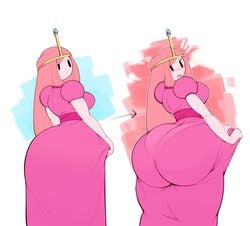 1girls 2d adventure_time ass ass_in_dress ass_visible_through_clothes big_ass big_breasts blush breasts bubble_butt bubble_gum_girl bubblegum_girl bulumble-bee cartoon_network clothing clothing_pull dress dress_pull fat_ass female female_only fully_clothed goo_creature goo_humanoid hi_res huge_ass looking_at_viewer looking_back no_penetration no_sex open_mouth pantylines princess_bubblebutt princess_bubblegum see-through_clothing sideboob simple_background solo solo_female standing thick_thighs tight_clothing tight_dress white_background wide_hips