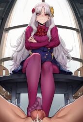 fate_(series) fate/strange_fake philia ishtar_(fate) ishtar_(fate/strange_fake) ai_generated tagme white_hair red_eyes hair hair_ornament dominant_female femdom malesub pov arms_crossed sitting tights stockings legwear skirt penis cum feet feet_fetish foot_fetish footjob foot_focus