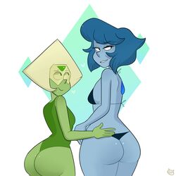 2girls ass bedroom_eyes big_ass bikini blonde_hair blue_hair blue_skin female gem_(species) green_skin hand_on_ass lapis_lazuli_(gem) lapis_lazuli_(steven_universe) mochakitkat multiple_girls narrow_shoulders peridot_(gem) peridot_(steven_universe) short_blonde_hair short_blue_hair steven_universe swimwear thin_arms thin_waist thong