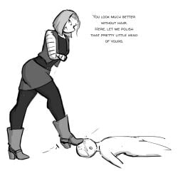 1female 1girls 1boy 1girl 1boy1girl 1girl1boy female male female/male male/female adult adult_female boot_fetish boots clothes knee_boots kneehigh_boots leather leather_boots tall_boots long_legs femdom dominatrix dominant dominant_female malesub submissive_male cfnm clothed_female_nude_male celera_prime dragon_ball dragon_ball_z android_18 krillin kuririn stepped_on stepping_on_head stepping_on_male stepping_on_face trample trampling western_boots cowboy_boots cowgirl_boots high_heels high_heel_boots skirt arm_under_breasts blonde_hair blue_eyes blush clothing footwear long_sleeves shirt smile smiling stockings black_stockings leggings black_and_white monochrome