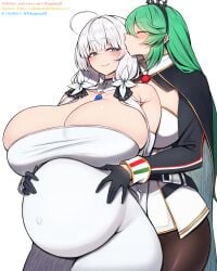 2girls ahoge artist_name azur_lane big_belly black_gloves black_pantyhose blue_eyes blue_gem blush breasts cleavage closed_eyes collar commission couple covered_navel cowboy_shot detached_collar dress elbow_gloves gem gigantic_breasts gloves grabbing_from_behind green_hair hands_on_another's_stomach headgear illustrious_(azur_lane) jewelry kiss kissing_hair littorio_(azur_lane) long_hair looking_at_another looking_to_the_side low_twintails mole mole_under_eye navel necktie outie_navel pantyhose pixiv_commission pregnant red_necktie rikuguma simple_background sleeve_cuffs smile standing strapless_dress twintails white_background white_dress white_gloves white_hair wide_hips yuri