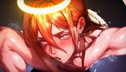 1boy 1femboy ahegao angel angel_devil_(chainsaw_man) angel_wings armpit artist_logo artist_name blush_lines blushing blushing_at_viewer blushing_femboy blushing_male chainsaw_man esmile feathered_wings feathers femboy hair_between_eyes halo long_hair looking_at_viewer nipples nude nude_male one_leg_bent one_leg_up orange_hair pink_eyes reaching_for_penis red_ears scanlines solo solo_femboy solo_focus solo_male sweat sweating sweaty sweaty_body v-shaped_eyebrows