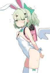 1girl 1girls angels_of_delusion artist_request backpack bunny_ears bunnysuit female female_focus female_only green_hair highres leotard light-skinned_female light_skin long_hair nervous playboy_bunny randoseru shy side_ponytail simple_background skindentation small_breasts sunna_(zenless_zone_zero) sweat swimsuit thighhighs white_background zenless_zone_zero