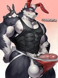 ai_generated ai_art self_upload watermark goonerism patreon muscular muscular_male gay bara yaoi big_muscles 1boy solo anthro fur furry canid canine wolf bunny_ears fake_animal_ears bunny_tail tail jockstrap stretched_clothing bulge_through_clothing bulge penis veiny_penis balls balls_tuft blue_eyes bunny tank_top black_clothing grey_fur white_fur black_fur chest_tuft nipple_peek nipples saggy_balls precum precum_drip precum_string precum_through_clothing abs sweatdrop looking_at_viewer ass simple_background inner_ear_fluff blush embarrassed shy