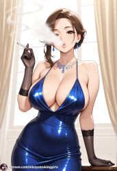 ai_generated big_breasts big_lips blowing_smoke cigarette cigarette_in_hand cigarette_smoke lips large_breasts mature mature_female pov_eye_contact seductive seductive_eyes seductive_look seductive_mouth sexy sexy_pose smoking smoking_cigarette smoking_fetish smoke_from_mouth solo_female dress cocktaildress cleavage gloves glove smoking_with_gloves