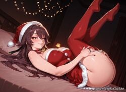 1girl 2026 ai_generated anime ass bare_shoulders bed bell black_nails blush boobs breasts brown_hair buttocks christmas cleavage covered_nipples crossover dress eye_contact female female_focus flushed fur-trimmed_dress fur_trim genshin_impact hat highres hoyoverse hu_tao_(genshin_impact) huge_breasts indoors inside jewelry lamp large_breasts legs_up long_hair looking_at_viewer lying mihoyo nail_polish neck_bell no_shoes nsfw on_back on_bed patreon red_dress red_eyes red_thighhighs ring rognezart santa_costume santa_dress santa_hat smile smiling solo symbol-shaped_pupils thick_thighs thighhighs thighs very_long_hair
