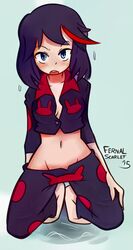 1girls 2d barefoot belly black_hair blue_eyes blush cleavage clothed colored embarrassed female female_only kill_la_kill looking_at_viewer matoi_ryuuko multicolored_hair on_knees open_mouth pajamas red_hair short_hair shy solo tomboy undersized_clothes