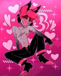 alastor_(hazbin_hotel) animal_ears asexual belly_button bellybutton claws deer demon fujothorne gay glistening glistening_body grin grinning_at_viewer hairy_armpits hazbin_hotel hooves horned_humanoid horned_male horns horny horny_male humanoid navel nipples pants scar scar_on_chest scars seductive seductive_eyes seductive_look seductive_pose seductive_smile sharp_teeth shiny shiny_hair shiny_skin shirtless shirtless_male shoes smile smiling smiling_at_viewer underwear