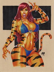 1girls bikini breasts chris_foulkes claws cleavage fangs female female_only lipstick long_hair looking_at_viewer marvel navel open_mouth pose red_hair solo straight_hair stripes tail tiger_girl tiger_humanoid tigra