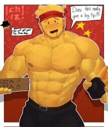 2boys abs bara bara_tiddies bara_tits blushing dialogue drooling elliot_(forsaken) flirting forsaken_(roblox) gay gay_male gloves mafioso_(forsaken) muscular_male nipples pectorals pizza rebelliousmilk roblox roblox_game robloxian star topless visor_cap yellow_skin