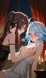 blue eyes blush breast grab breasts out brown hair flustered hand on nightgown bed red sexy body clothing pose sucking nipples thick legs thighs waist white hu_tao_(genshin_impact) furina_(genshin_impact) genshin_impact ai_generated