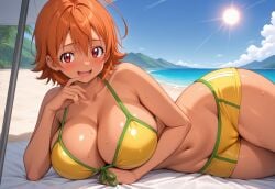 sora_takenouchi digimon digimon_adventure digimon_adventure_tri. rena_aikawa_(pixiv_user) ai_generated stable_diffusion ai-created pixiv 1girl breasts swimsuit solo bikini outdoors beach cameltoe navel looking_at_viewer red_eyes cleavage short_hair orange_hair lying smile blush on_side large_breasts beach_towel day umbrella sky shorts yellow_bikini open_mouth ahoge beach_umbrella bikini_shorts ocean dark-skinned_female dark_skin collarbone sweat yellow_shorts sun blue_sky cloud towel tree stomach front-tie_top bare_shoulders :d water wet palm_tree tan hair_between_eyes thighs front-tie_bikini_top short_shorts huge_breasts sand halterneck shore brown_hair horizon two-tone_bikini two_tone_bikini green_trim parent:17211386