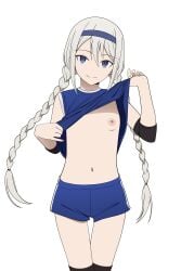 1girls 2026 :) areolae black_socks blue_eyes braided_hair breasts confident_smile coro_fae elbow_pads female female_only flashing flashing_breasts flat_chest grey_hair gym_uniform hairband head_tilt highres kaguya-sama_wa_kokurasetai_~tensai-tachi_no_renai_zunousen~ light-skinned_female light_skin long_hair looking_at_viewer navel nipples no_bra presenting presenting_breasts shirogane_kei shirt_lift shorts small_breasts smile socks solo sports_uniform sportswear t-shirt twin_braids very_long_hair white_background