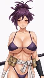 1girl aesthetic_body anime_style arm_wraps bandages bare_legs bare_midriff beautiful_eyes big_breasts bikini black_sleeve blush brown_eyes busty cel_shading censored cleavage collarbone cowboy_shot curvy deep_cleavage defined_abs detailed_anatomy detailed_eyes digital_media_(artwork) eye_contact front_view hair_bun heavy_breasts hell's_paradise high_quality highres hourglass_figure huge_breasts jigokuraku katana kunoichi large_breasts light_smile lollololli long_hair looking_at_viewer low-tied_bikini massive_breasts micro_bikini midriff navel ninja oiled_skin portrait purple_bikini purple_hair reddened_face refined_features revealing_clothes sash scabbard scrolls shiny_skin simple_background sleeve smile soft_lighting soft_shading solo specular_highlights spiky_hair standing stomach string_bikini sweaty swimwear sword thick_thighs two-piece_swimsuit updo upper_body voluptuous weapon weapon_on_back white_background white_belt wide_hips wrist_wraps yuzuriha yuzuriha_(jigokuraku)