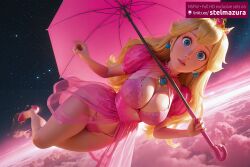 ai_generated ai_assisted stelmazura nintendo peach mario_(series) princess_peach princess_peach_(movie) super_mario_bros. 1girl solo long_hair breasts looking_at_viewer blue_eyes blonde_hair large_breasts cleavage jewelry underwear panties earrings parted_lips sky cloud bra high_heels lips see-through umbrella lingerie crown pink_panties star_(sky) pink_dress holding_umbrella pink_bra pink_footwear space pink_umbrella