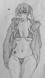 en'en_no_shouboutai enen_no_shouboutai fire_force kotatsu_tamaki medium_breasts micro_bikini monochrome queen_of_spades stray_pubic_hair sweat tamaki_kotatsu traditional_media_(artwork) twintails