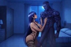 1girl1boy ai_generated ass breasts busujima_saeko cheating cucked cucked_by_bully dark-skinned_male duo female highschool_of_the_dead holding_partner impregnation interracial kissing long_hair male ntr saeko_busujima snake_tattoo sound suspended suspension tagme tattoo tongue_kiss video
