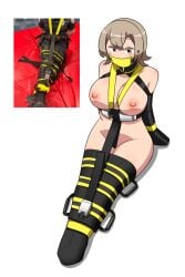 armbinder bondage bondage_gear bondage_harness restrained restraints restrained_arms gagged gag gagged_female panel_gag exposed_breasts exposed_nipples exposed nipples breasts breasts_out original original_character imbsengirl legbinder
