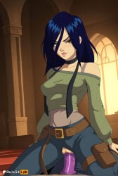 pants dildo_riding dildo belt vaginal sex_toy breasts pussy choker uncensored looking_at_viewer brown_eyes long_hair torn_clothes off-shoulder_shirt off_shoulder shirt solo blue_hair bare_shoulders medium_breasts black_hair crop_top artist_name long_sleeves green_shirt pussy_juice indoors collarbone vaginal_object_insertion object_insertion lips black_choker female_masturbation parted_lips spread_legs bra_strap straddling rule34lab hi_res ai_generated huntik zhalia_moon 1girls female vaginal_insertion vaginal_masturbation dildo_in_pussy dildo_insertion