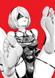 felicia_cos yorha_2b nier:_automata nier nier_(series) barefoot feet feet_up soles soles_female toes tagme ai_generated ai_assisted spread_legs red_background black_and_white eye_patch bandages white_hair bangs thick_thighs slim_waist wide_hips 2d one-piece_swimsuit cameltoe camel_toe medium_breasts cleavage cleavage_cutout cleavage_window boob_window hairband