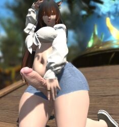 1futa 3d animal_ears black_hair clothed converse cute dripping earrings final_fantasy final_fantasy_xiv futa gpose_(ffxiv) huge_cock huge_thighs miqo'te needy on_knees orange_highlights outside ring shorts solo tongue_out top veylea