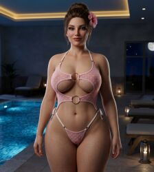 3d ai_generated belly_button bikini brunette_hair eyelashes female flower_in_hair gemini hair_bun hair_strand hourglass_figure indoor_pool inner_sideboob large_breasts lipstick looking_at_viewer lounge_chair midriff milf mommy monokini night nightlight pink_clothing poolside potted_plant rgomez007 seductive_look self_upload side-tie_bikini_bottom slight_smile solo_female standing swimming_pool swimsuit thick_lips thick_thighs underboob updo voluptuous wide_hips