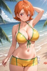sora_takenouchi digimon digimon_adventure digimon_adventure_tri. rena_aikawa_(pixiv_user) ai_generated ai-created pixiv 1girl breasts outdoors swimsuit solo beach smile bikini navel short_hair large_breasts cleavage cameltoe ocean red_eyes orange_hair day blush sky collarbone shorts closed_mouth starfish looking_at_viewer cloud thigh_gap armpits blue_sky yellow_bikini stomach arm_up ahoge front-tie_top arm_behind_head cowboy_shot water palm_tree tree bare_shoulders halterneck standing bikini_shorts front-tie_bikini_top yellow_shorts skindentation thighs sand short_shorts hair_between_eyes bare_arms shore wet groin palm_leaf sunlight horizon green_trim two-tone_bikini