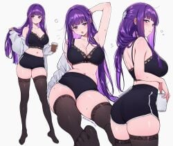 1girls :o armpit ass blush coffee_cup cup feet fern_(sousou_no_frieren) from_behind human human_female large_breasts light-skinned_female lingerie_bra long_hair looking_back multiple_views navel one_arm_up qiandaiyiyu short_shorts slim_waist soles solo sousou_no_frieren thick_thighs thighhighs toes very_long_hair wide_hips